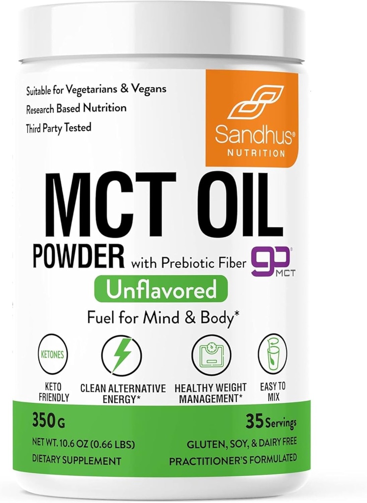 Sandhu's MCT Oil Powder with Prebiotic Fiber | 35 Servings | Organic - Keto | Fatty Acid Fuel for Body & Brain | 100% Coconut Oil derived, Easy to Mix, 10.6 Oz 2