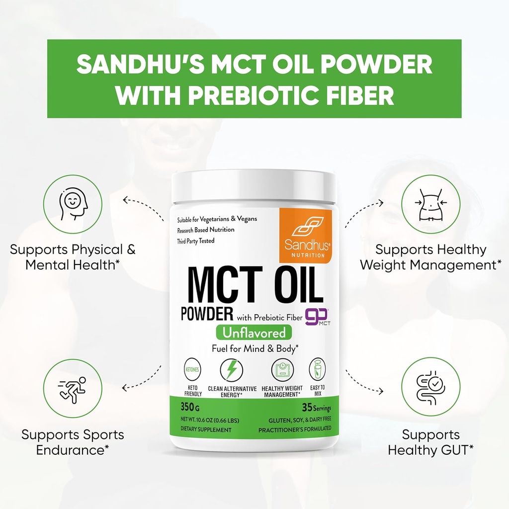 Sandhu's MCT Oil Powder with Prebiotic Fiber | 35 Servings | Organic - Keto | Fatty Acid Fuel for Body & Brain | 100% Coconut Oil derived, Easy to Mix, 10.6 Oz 3