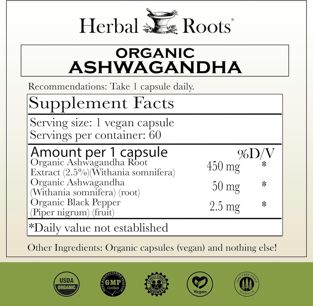 Herbal Roots Ashwagandha Capsules | Extra Strength 1,000mg per Serving | Ayurvedic for Overall Health for Men and Women | 60 Vegan Capsules 3