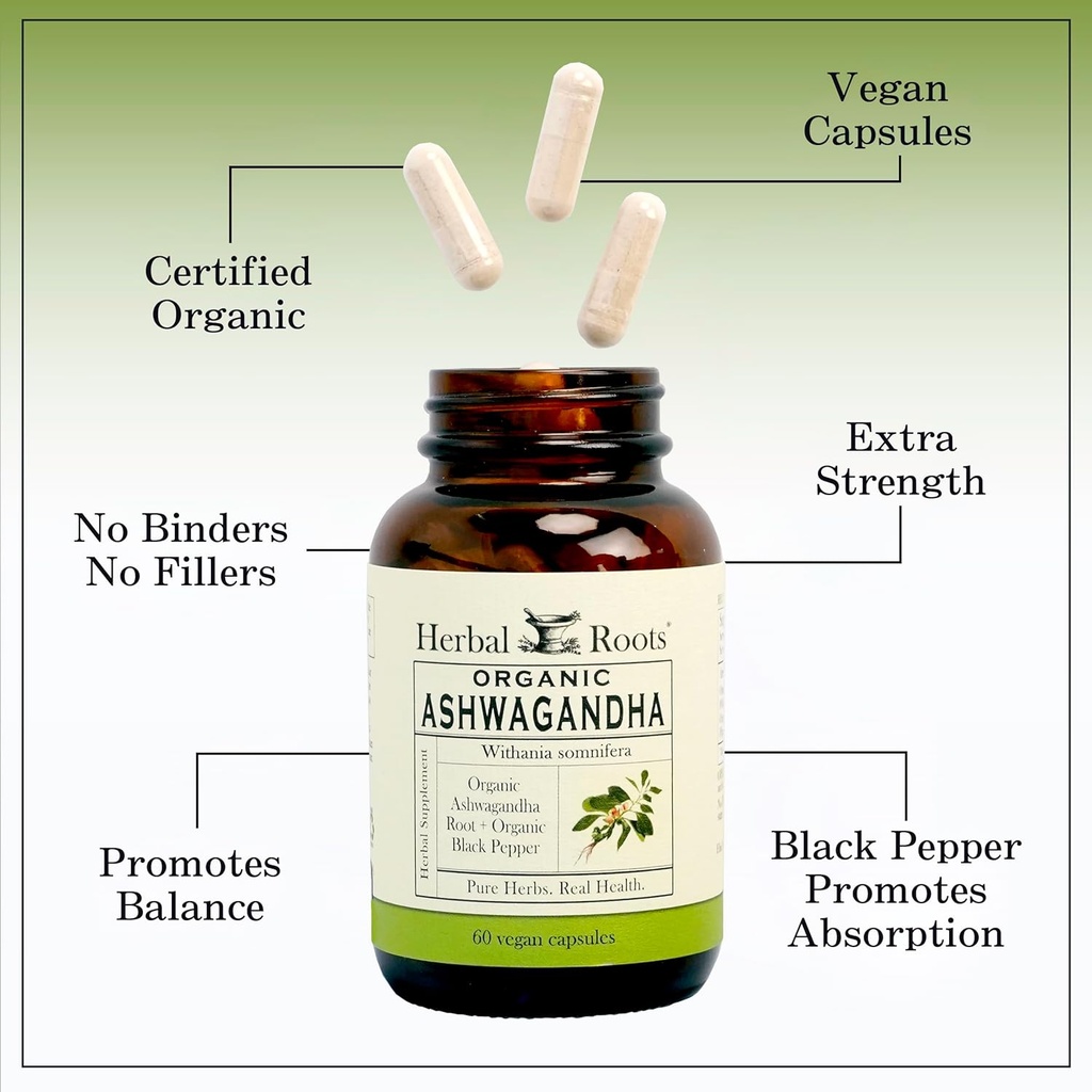 Herbal Roots Ashwagandha Capsules | Extra Strength 1,000mg per Serving | Ayurvedic for Overall Health for Men and Women | 60 Vegan Capsules 5