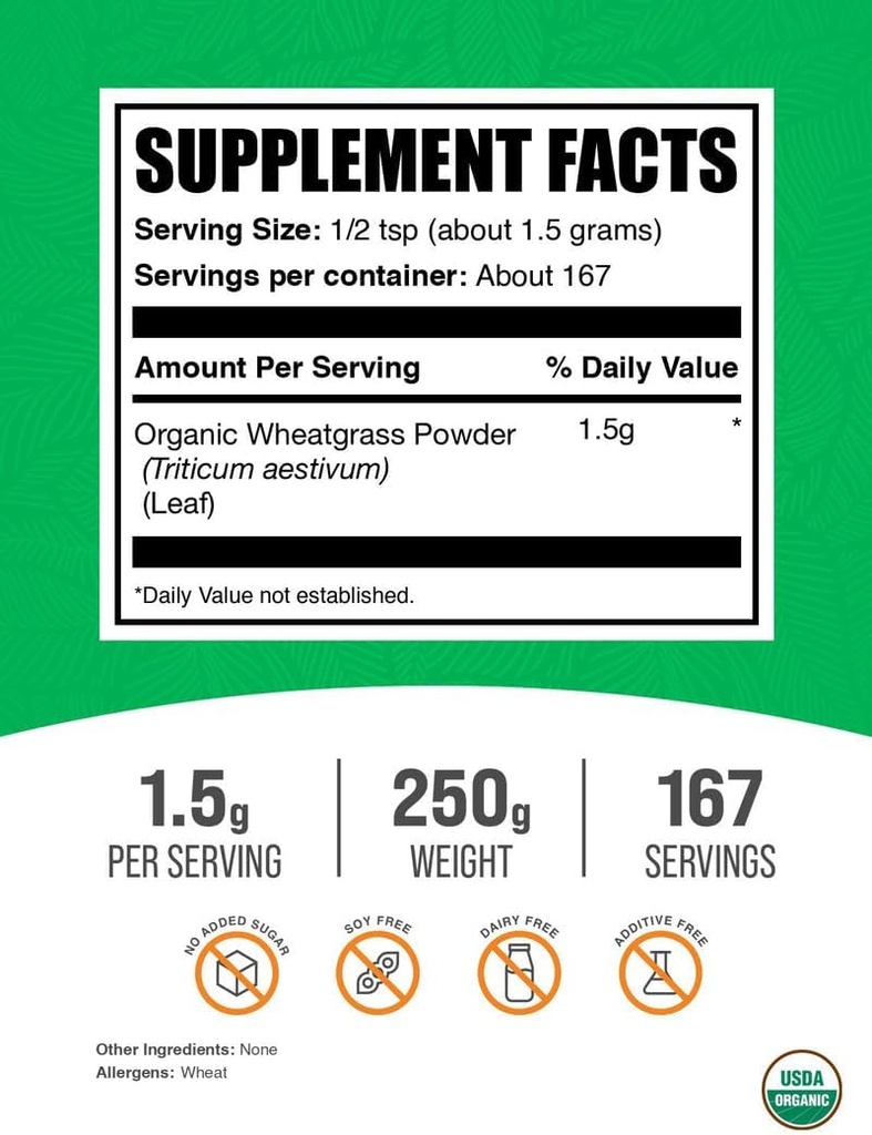 BulkSupplements.com Organic Wheatgrass Powder - Organic Super Greens Powder, Superfoods Supplement - Vegan & Gluten Free, 1.5g per Serving, 250g (8.8 oz) (Pack of 1) 3