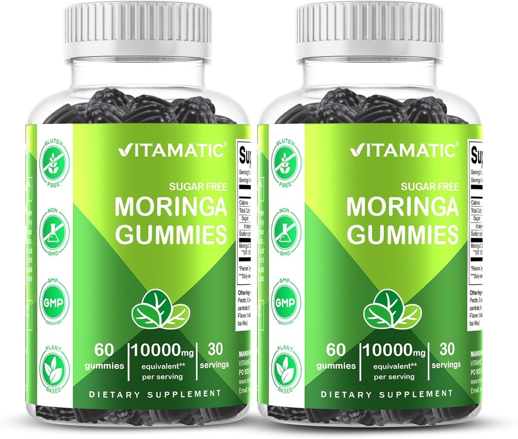Vitamatic 2 Packs Sugar Free Moringa Gummies- 10000 mg Equivalent Per Serving (from 50:1 Extract 200 mg)- Complete Green Superfood 20X Extract - 60 Pectin Based Gummies 2