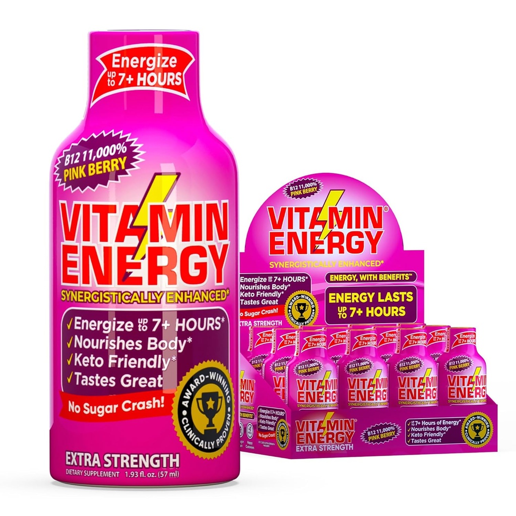 Vitamin Energy B12 11,000% Extra Strength Energy Shot Pink Berry 12 Pack, 260mg Natural Caffeine, B12 & B6, Nootropic Focus, Vitality, Zero Sugar, Gluten-Free, Vegan, Kosher, 1.93 fl oz 2