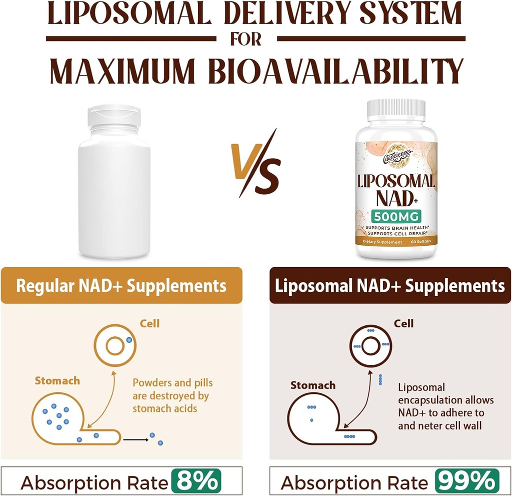Liposomal NAD+ 500 MG Supplement, True NAD Plus Supplement, Superior Absorption, Boost NAD+ More Efficient Than Nicotinamide Riboside for Cellular Energy, Healthy Aging, 180 Serving 4