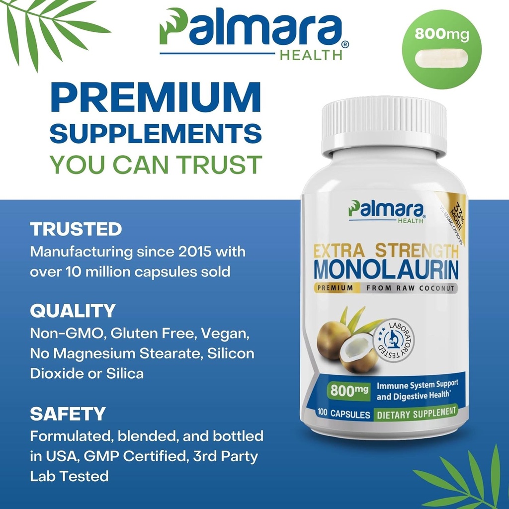 Palmara Health Extra Strength Monolaurin 1,600mg per Serving, 800mg per Capsule 4