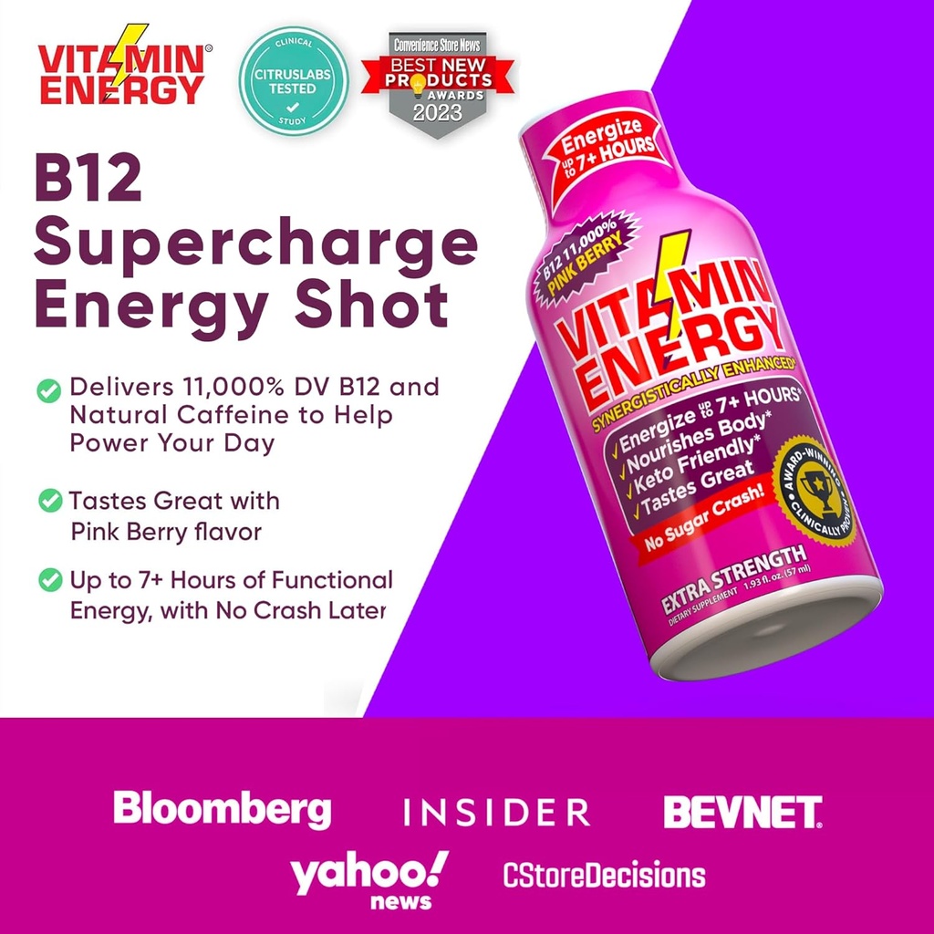 Vitamin Energy B12 11,000% Extra Strength Energy Shot Pink Berry 12 Pack, 260mg Natural Caffeine, B12 & B6, Nootropic Focus, Vitality, Zero Sugar, Gluten-Free, Vegan, Kosher, 1.93 fl oz 6