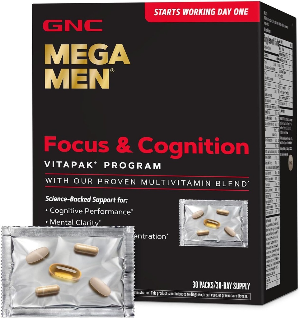 GNC Mega Men Focus and Cognition Vitapak Program, Convenient, Complete Nutrition, 3 Products in 1 Packet, Clarity, Focus, Energy, Concentration, Works on Day One, 100mg Caffeine, 30 Daily Packs 2