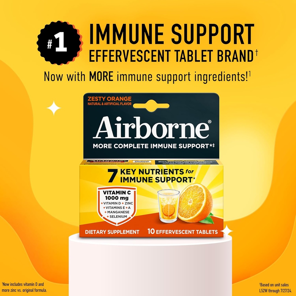 Airborne 1000mg Vitamin C with Vitamin D & Zinc, Sugar Free Multivitamin Immune Support Supplement, Antioxidants Vitamins A C & Vitamin E, 10 Effervescent Tablets, Zesty Orange Flavor 3