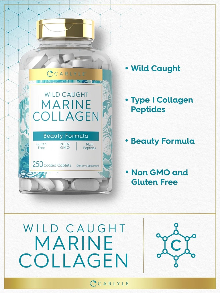 Carlyle Marine Collagen for Hair Skin and Nails | 250 Caplets | Peptides for Women and Men | Type I with Calcium | Non-GMO & Gluten Free 5
