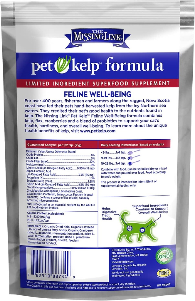 The Missing Link Pet Kelp Feline Well-Being 6oz Superfood Powdered Supplement, Organic & Limited Ingredient Formula for Digestive & Overall Health of Cats 4