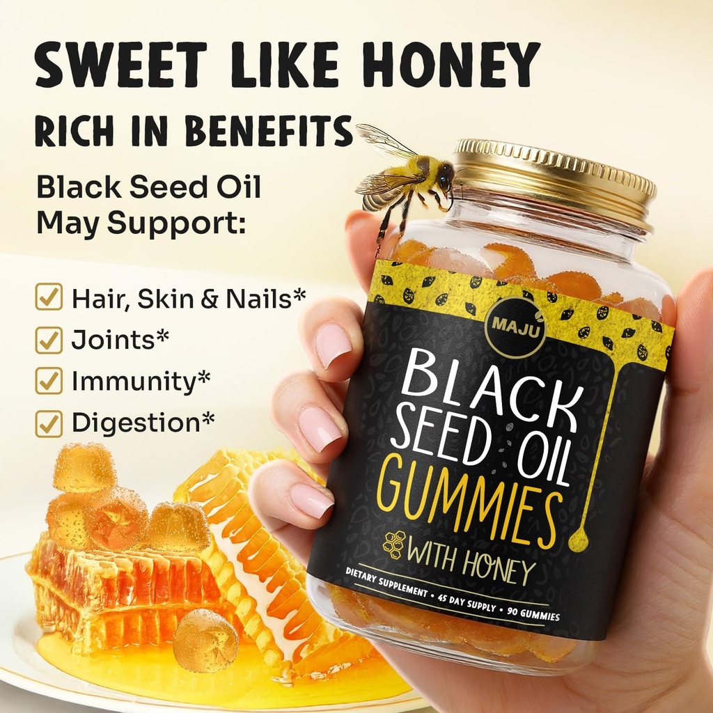 MAJU's Black Seed Oil Gummies with Honey 90ct, 500mg BSO Gummy, Black Cumin Seed Nigella Sativa Oil, Cold-Pressed, Potent Formula, 90ct 5