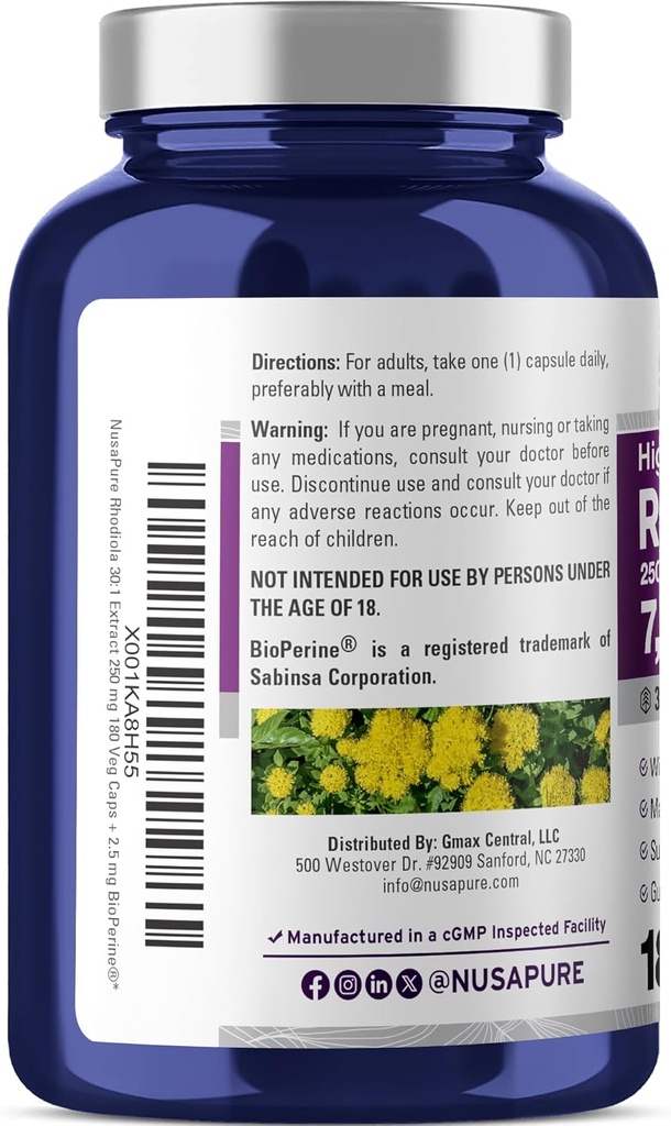 NusaPure Rhodiola Rosea 7,500mg 180 Veggie Capsules (Non-GMO, Extract 30:1, Vegan & Gluten-Free) Bioperine 4