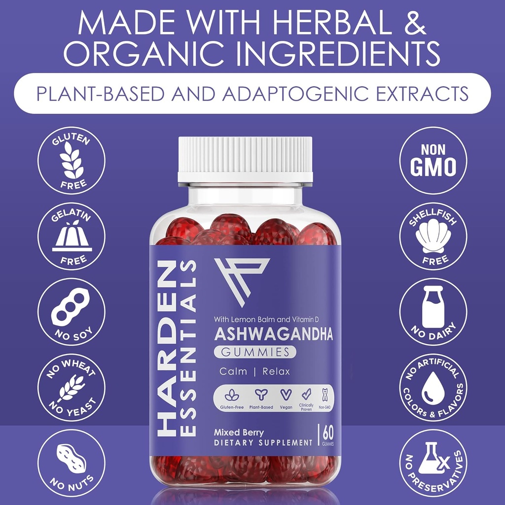 KSM-66 Ashwagandha Gummies w/Lemon Balm & Vitamin D (Max Strength 750mg per Gummy) - Herbal Vegan & Gluten Free - Calm Mood Relaxation - Support Stress - Gummies for Adults Kids Women Men (60 Count) 3