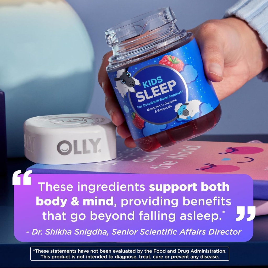 OLLY Kids Sleep Gummy, 0.5mg Melatonin, L Theanine, Chamomile, and Lemon Balm, Childrens Chewable Supplement, Raspberry - 50 Count 5