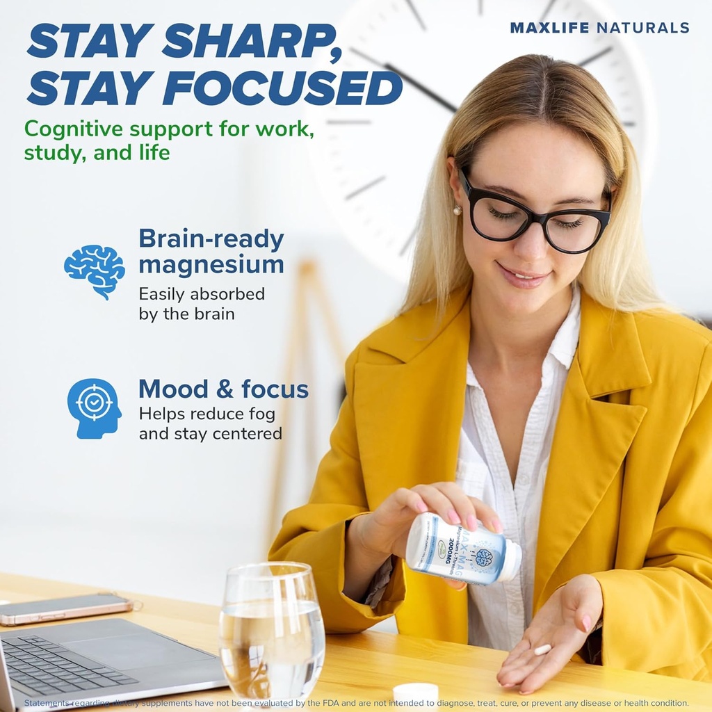 Max-Mag Magnesium L-Threonate Supplement - 105 Capsules Made in USA- Magtein 2000mg Complex with Vitamin D3 and K2 for Sleep, Mood & Brain Magnesium L Threonate Capsules Nutrition by MaxLife Naturals 5