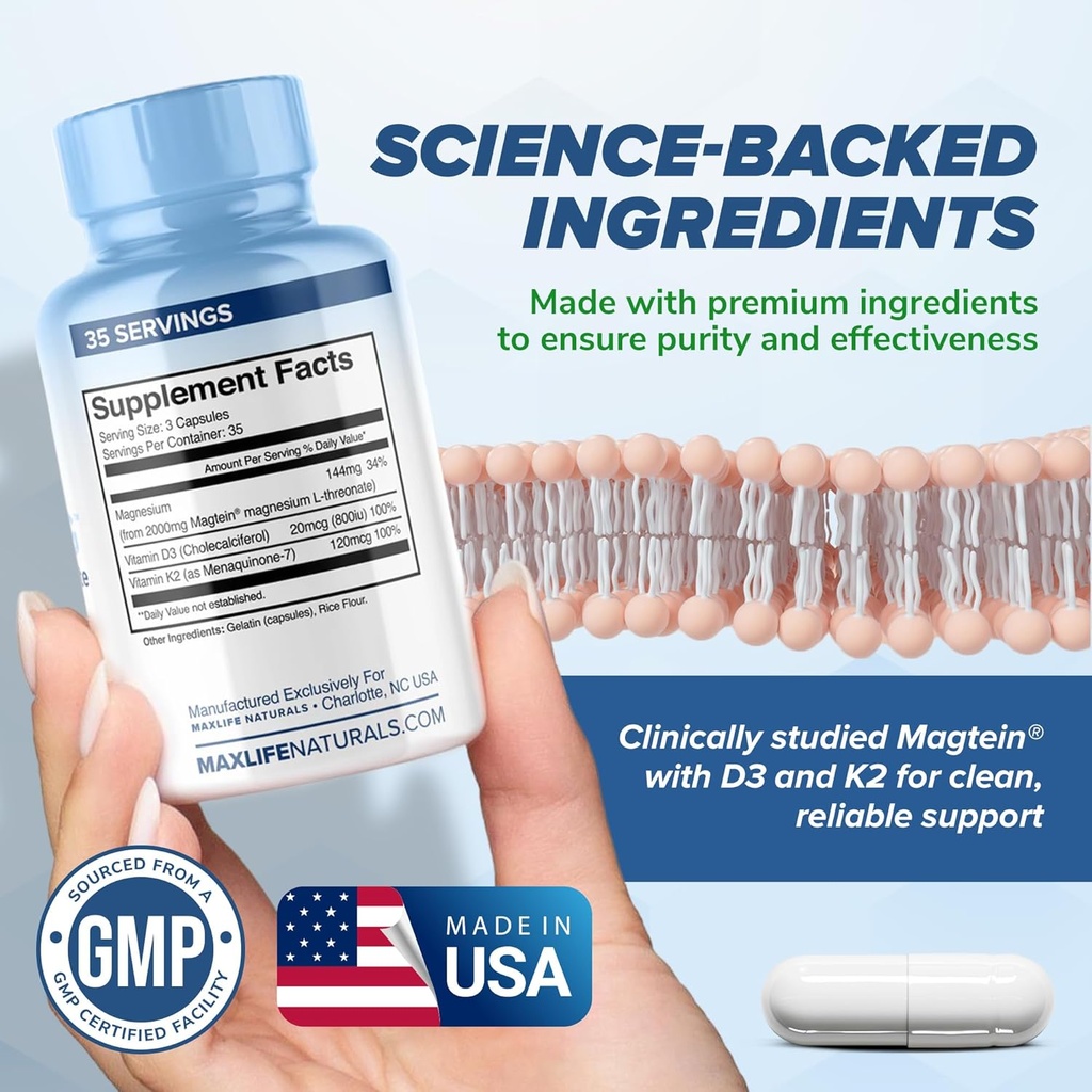 Max-Mag Magnesium L-Threonate Supplement - 105 Capsules Made in USA- Magtein 2000mg Complex with Vitamin D3 and K2 for Sleep, Mood & Brain Magnesium L Threonate Capsules Nutrition by MaxLife Naturals 6