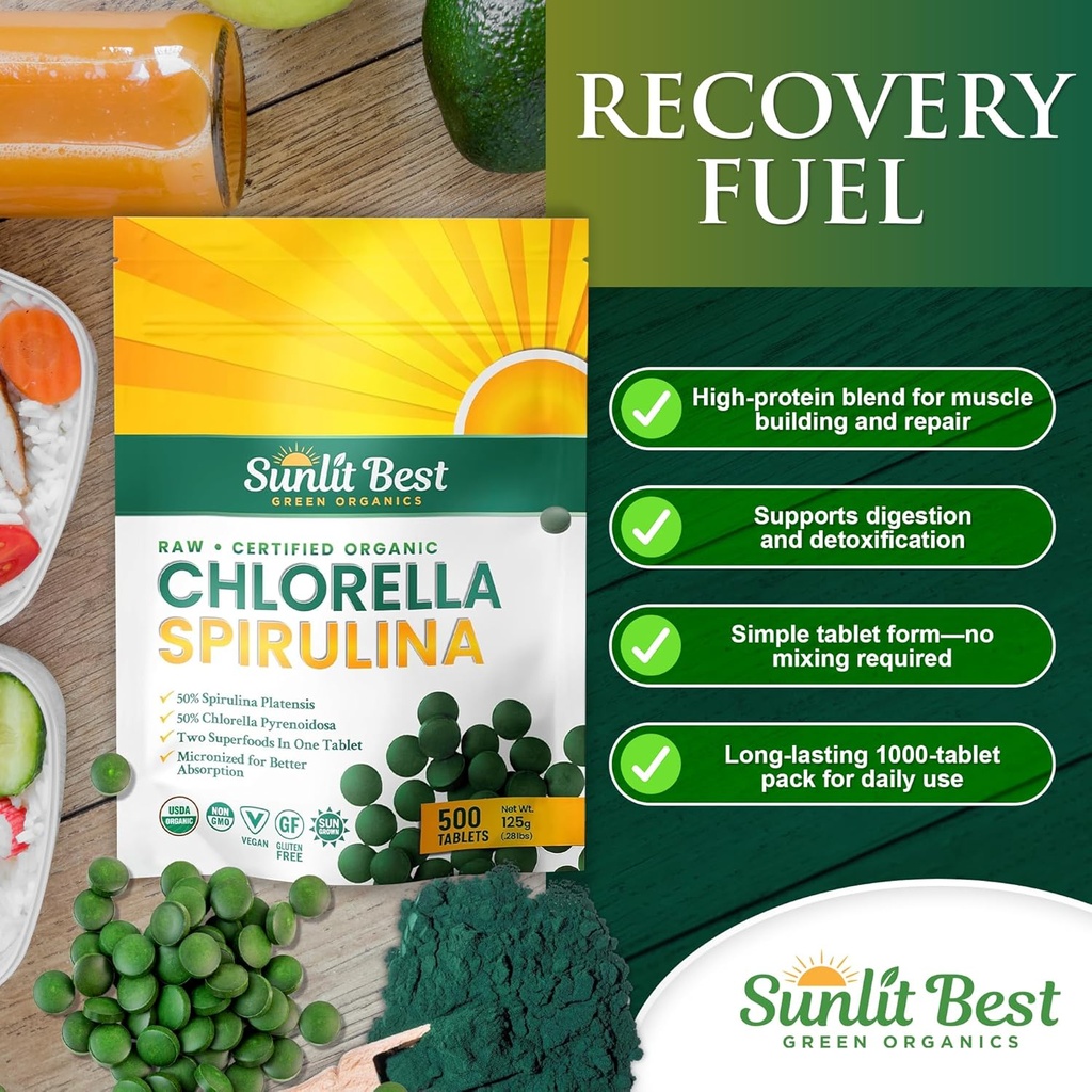 Sunlit Best Chlorella Spirulina Tablets - Organic USDA, Premium Spirulinas and Chlorella Capsules 500 Pills - Chlorellas Natural Superfood with Spirulina Algae, Enzymes Chlorophyll & Vegan Protein 5