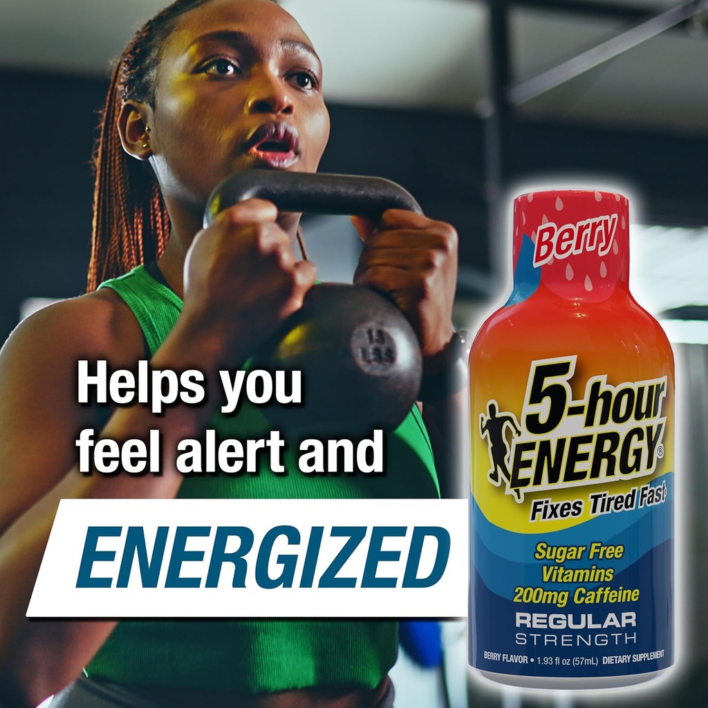 5-hour ENERGY Regular Strength Energy Shot, Berry Flavor (1.93 oz., 24 Count) Zero Calories & Sugar-Free 200 mg Caffeinated Shot, Amino Acids & B Vitamins, Dietary Supplements 5