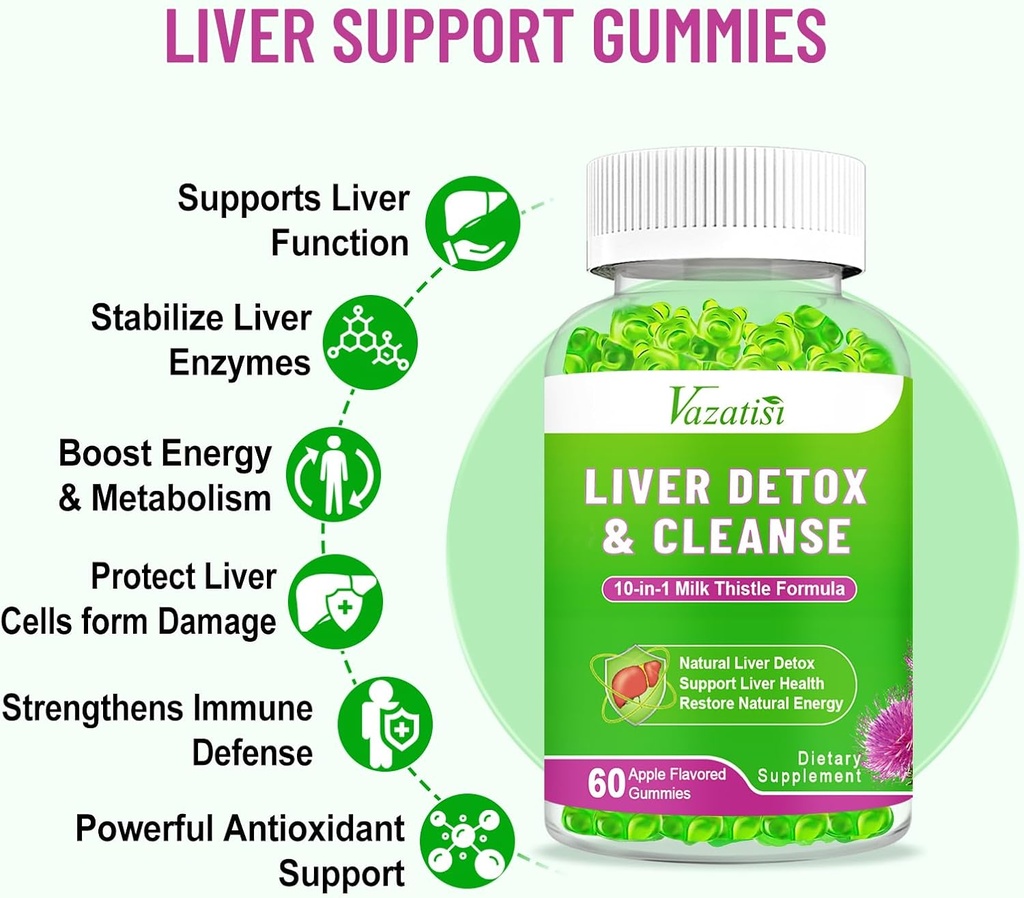 Milk Thistle Gummies for Adults Kids. Liver Cleanse Detox Repair Gummies, Milk Thistle Extract Supplement for Liver Support Digestive Antioxidant, 60ct Apple Flavor 5