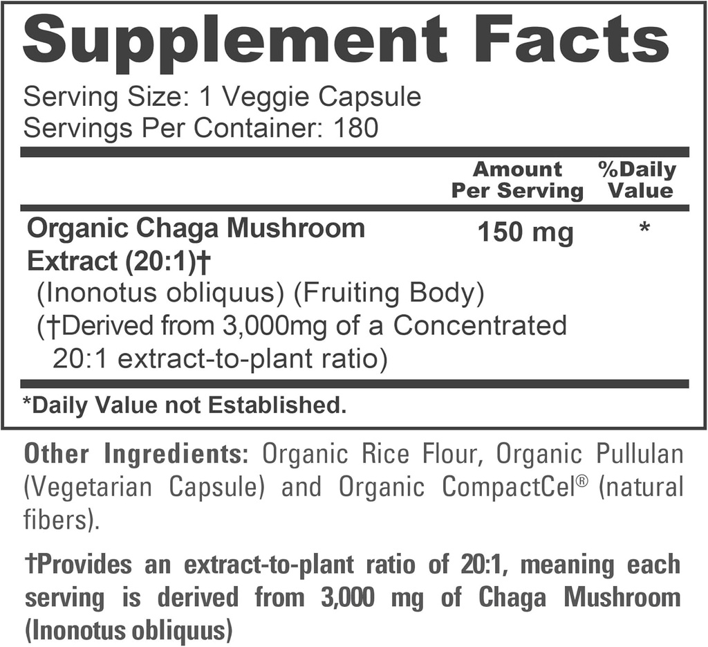 NusaPure Chaga Mushroom 20:1 Extract, 150 mg Equivalent to 3,000mg per Veggie Capsule, 180 Count, USDA Organic, Vegan, Non-GMO 5