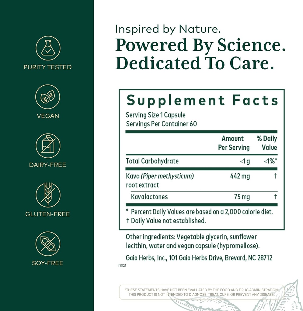 Gaia Herbs PRO Kava 75 - Stress Support Supplement - Aids a Sense of Calm & Relaxation - 60 Liquid Phyto-Caps 3