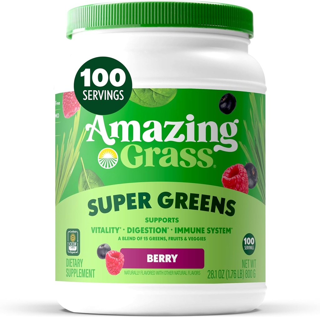 Amazing Grass Greens Blend Superfood: Super Greens Powder with Spirulina, Chlorella, Beet Root Powder, Digestive Enzymes, Prebiotics & Probiotics, Berry, 100 Servings (Packaging May Vary) 2