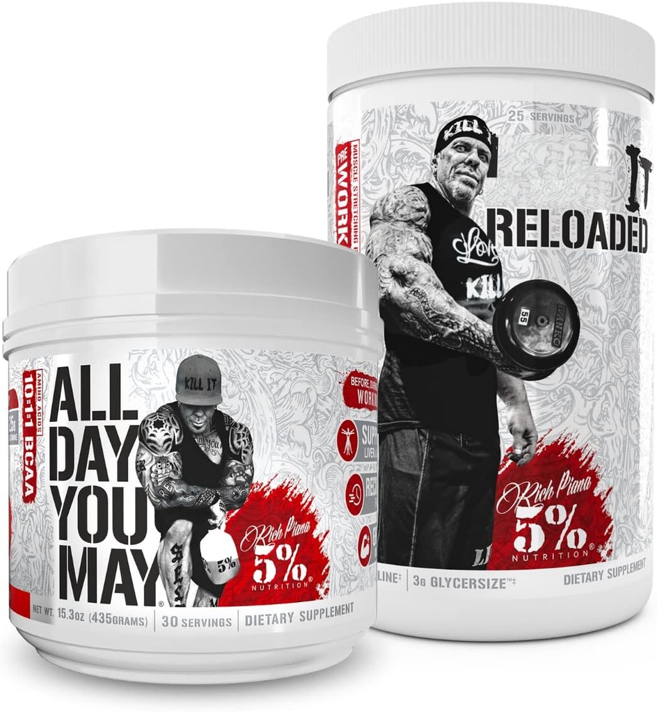 5% Nutrition Rich Piana Bundle | AllDayYouMay BCAA Powder + Kill It Reloaded High-Stim Pre-Workout (Fruit Punch) 2