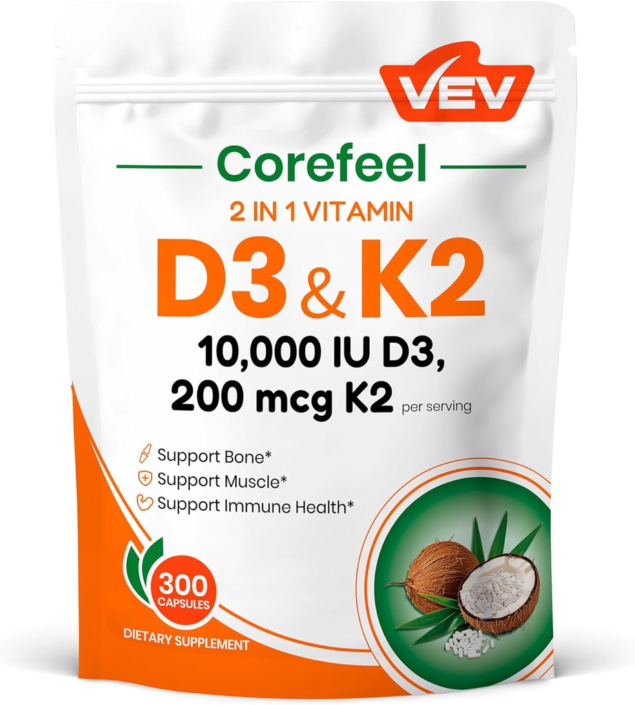 VEV Corefeel Vitamin D3 K2, 10,000 IU D3, 200mcg K2 (with MK7), Supports Bone and Teeth Health, Dual Nutrient Support for Daily Wellness, Easy to Swallow – 300 Capsules 2