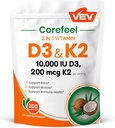 VEV Corefeel Vitamin D3 K2, 10,000 IU D3, 200mcg K2 (with MK7), Supports Bone and Teeth Health, Dual Nutrient Support for Daily Wellness, Easy to Swallow – 300 Capsules 2