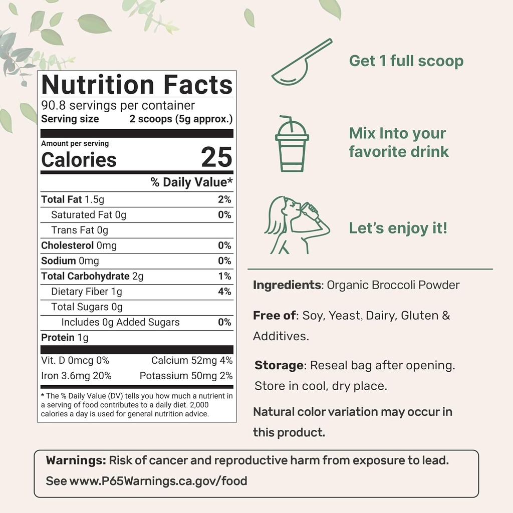 Organic Broccoli Powder, 1 Pound, Freeze Dried, Contains Natural DIM (Diindolylmethane), and Rich in Fiber and Immune Vitamin C, Green Superfood for Smoothie & Drinks, Vegan Friendly 3