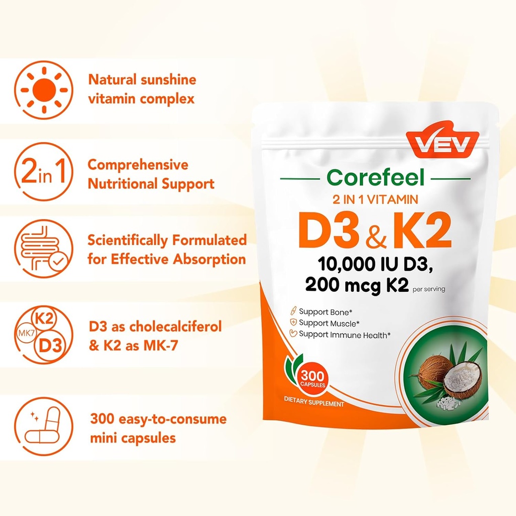 VEV Corefeel Vitamin D3 K2, 10,000 IU D3, 200mcg K2 (with MK7), Supports Bone and Teeth Health, Dual Nutrient Support for Daily Wellness, Easy to Swallow – 300 Capsules 4