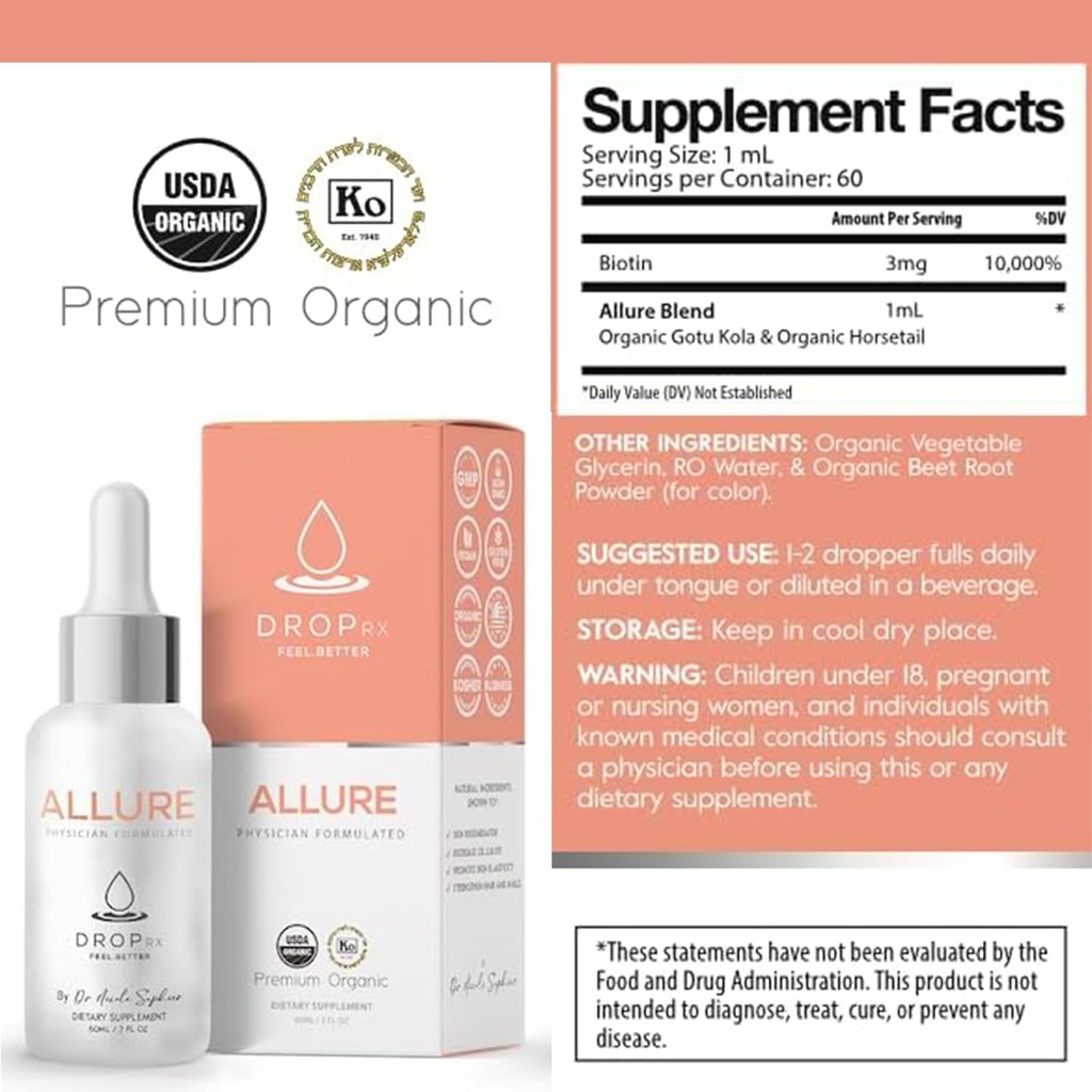 DropRx Allure by Dr. Nicole Saphier – Gotu Kola & Horsetail Extract, Supports Hair & Nail Health, Promotes Skin Vitality, Organic, Non GMO, Vegan, Gluten Free & Kosher, Made in USA (2 Fl Oz) 5