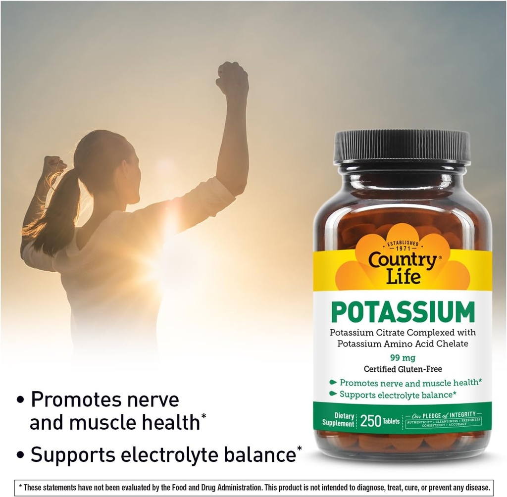 Country Life Potassium 99 mg Tablets - Chelated for Enhanced Absorption, Supports Neuromuscular Function & Electrolyte Balance, Certified Gluten Free, Vegan, Kosher, 250 Tablets 4