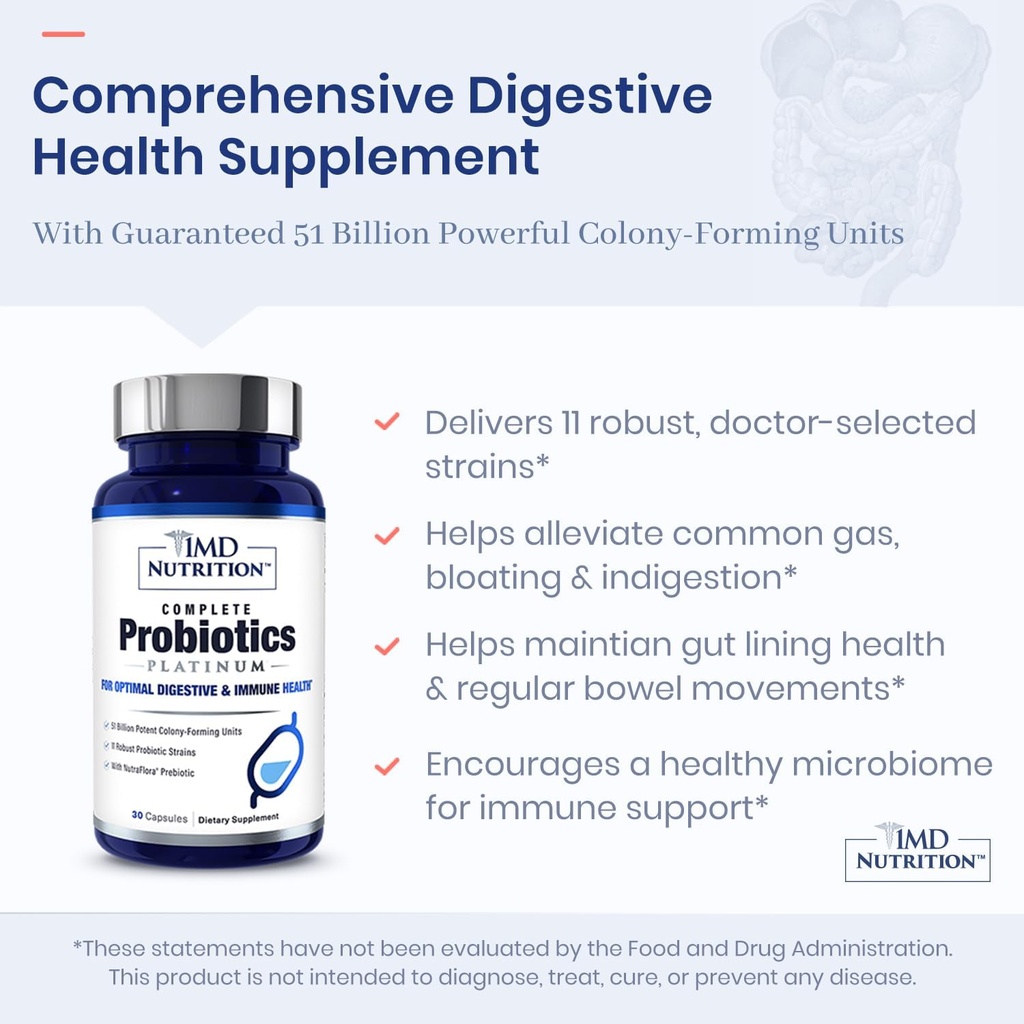 1MD Complete Probiotics Platinum | Supports Digestive Health | with Nourishing Prebiotics, 51 Billion Live CFU, 11 Strains, Dairy-Free | 30 Vegetable Capsules (3-Pack) 5