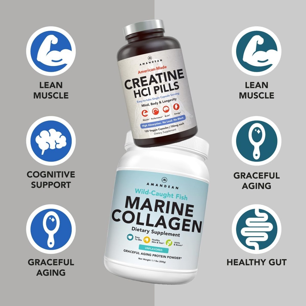 AMANDEAN Premium Creatine HCl & Marine Collagen Bundle. USA-Made CON-CRET. 7X Concentrated. Wild-Caught Hydrolyzed Fish Collagen Protein. Anti-Aging. Support Recovery & Lean Muscle. Healthy Skin 3