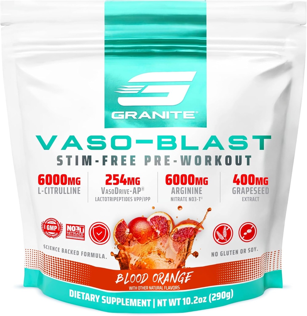 Granite Nutrition Vaso Blast Stim-Free Pre Workout - Non-Stim Nitric Oxide Support for Pump, Physique, and Muscle Capacity - Blood Orange (290g) 2