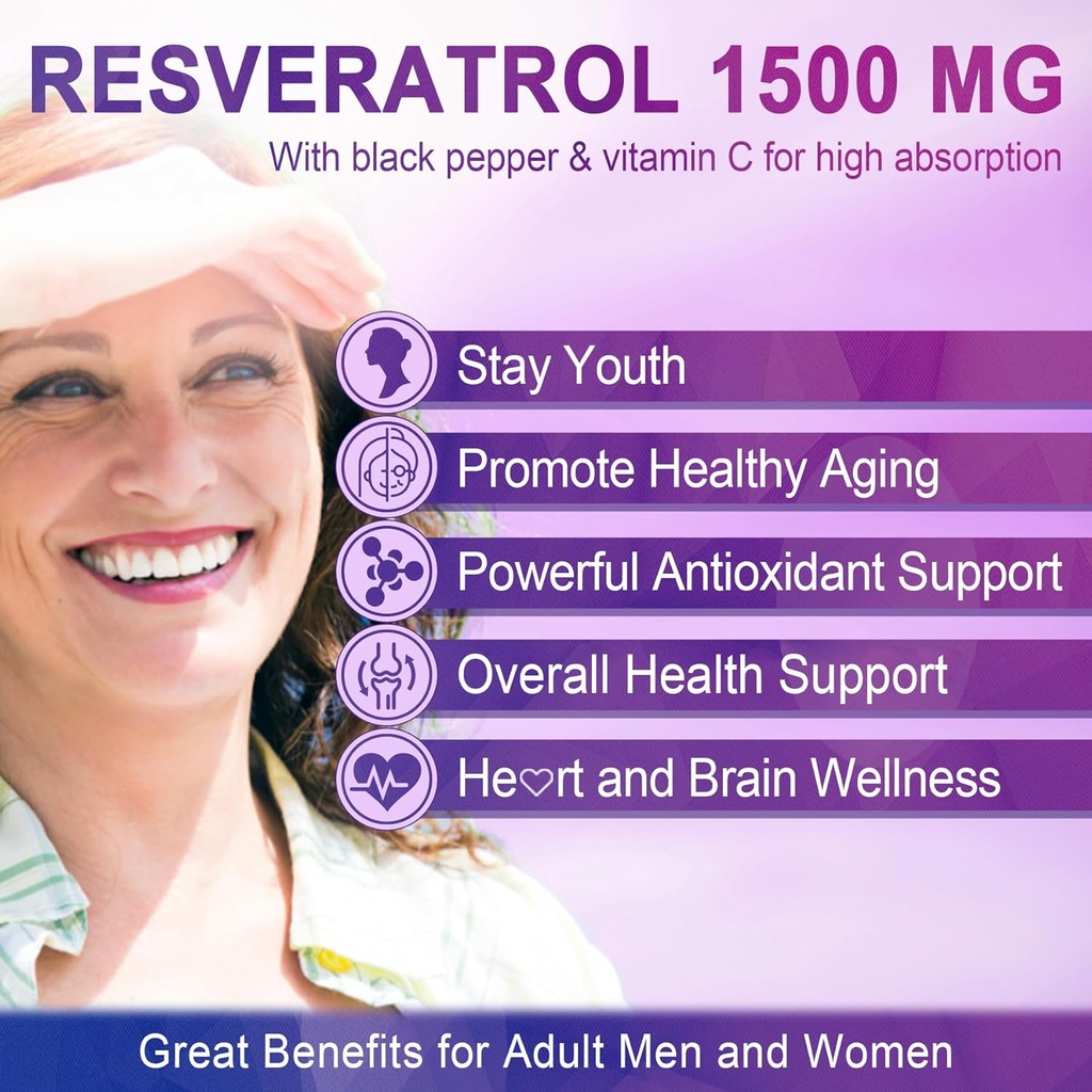 Resveratrol Supplement 1500mg - Resveratrol Gummies Supports NAD⁺, NMN & NMNH Synergy, with Quercetin, Grape Seed, Acai Berries Extracts for Antioxidant, Healthy Aging & longevity, Skin, Brain - 1Pcs 6