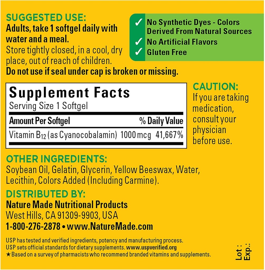 Nature Made Vitamin B12 1000 mcg, Dietary Supplement for Energy Metabolism Support- 90 Softgels., 3