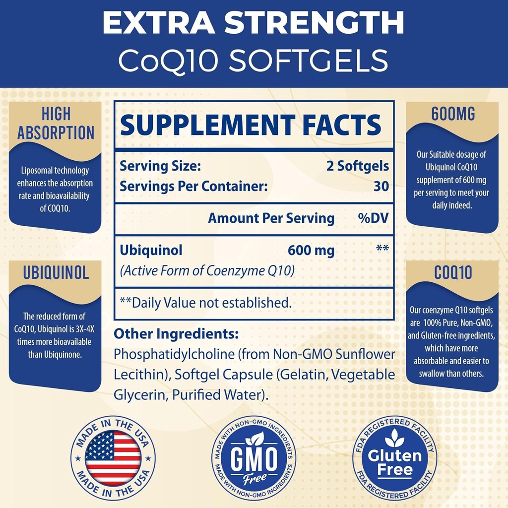 Liposomal CoQ10 Ubiquinol 600mg Softgels | Superior Absorption Ubiquinol CoQ10 Supplement | Powerful Active Antioxidant Form of Coenzyme Q10 | Heart Function & Energy Production | 120 Softgels 3