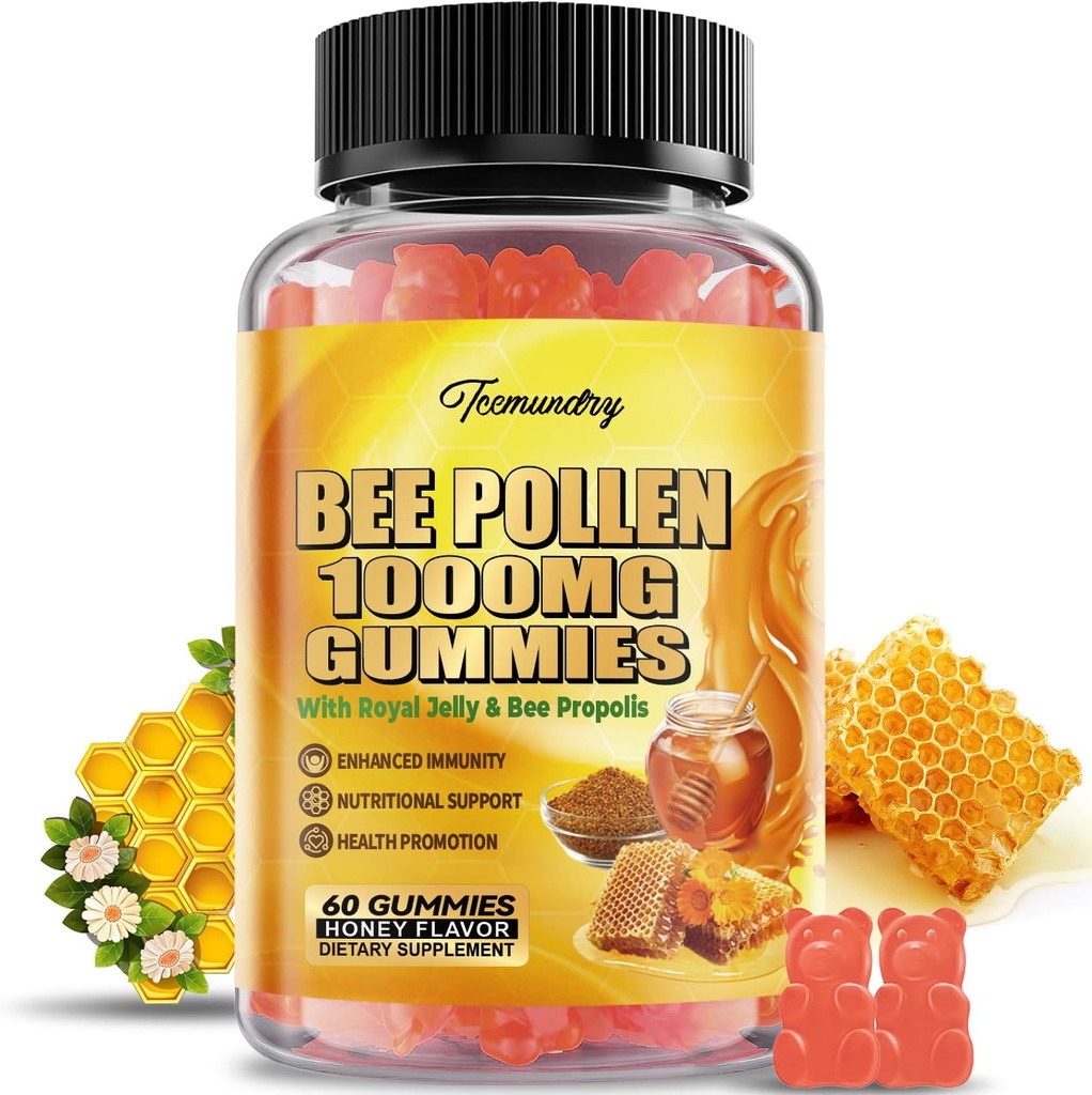 Bee Pollen 1000MG Gummies with 500MG Royal Jelly & Bee Propolis, Sugar Free Bee Pollen Supplement Rich in Vitamin C & E, Vegetarian, Non-GMO, Gluten Free, Support Immunity & Skin Health 2