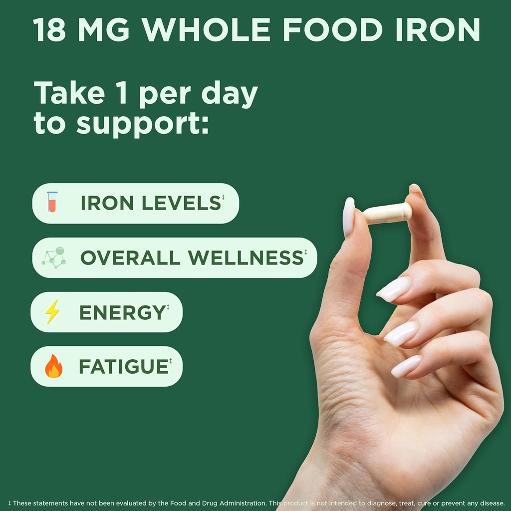 Yuve 100% Vegan Whole Food Chelated Iron Supplement 18mg – Tasteless, Non-Constipating, Gentle on Stomach, Energy Support – Gluten-Free, Non-GMO, 60 Capsules 3