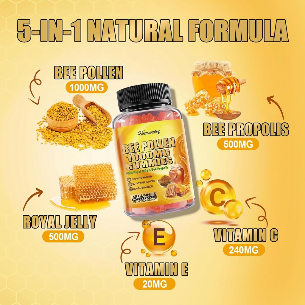 Bee Pollen 1000MG Gummies with 500MG Royal Jelly & Bee Propolis, Sugar Free Bee Pollen Supplement Rich in Vitamin C & E, Vegetarian, Non-GMO, Gluten Free, Support Immunity & Skin Health 4