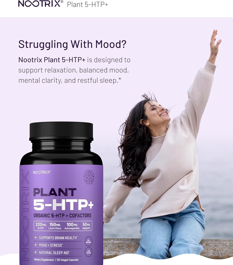 Nootrix Organic Plant 5 HTP+ Supplement | Supports Memory, Mental Focus, Cognitive Health & Energy | Promotes Healthy Mood & Brain Function | Vitamin B6 & L Theanine | 120 Capsules 3