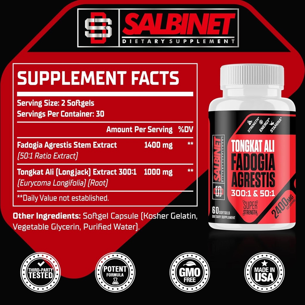2400mg Fadogia Agrestis Tongkat Ali Supplements - Third Party Tested - 1400mg Fadogia Agrestis & 1000mg Tongkat Ali, Maximum Strength, Muscle Mass & Athletic Performance, 6 Packs 3