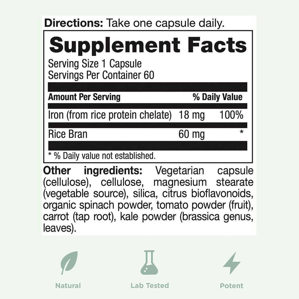 Yuve 100% Vegan Whole Food Chelated Iron Supplement 18mg – Tasteless, Non-Constipating, Gentle on Stomach, Energy Support – Gluten-Free, Non-GMO, 60 Capsules 6