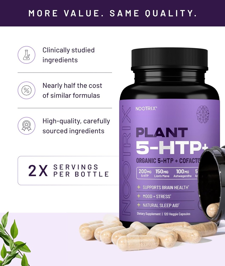 Nootrix Organic Plant 5 HTP+ Supplement | Supports Memory, Mental Focus, Cognitive Health & Energy | Promotes Healthy Mood & Brain Function | Vitamin B6 & L Theanine | 120 Capsules 6