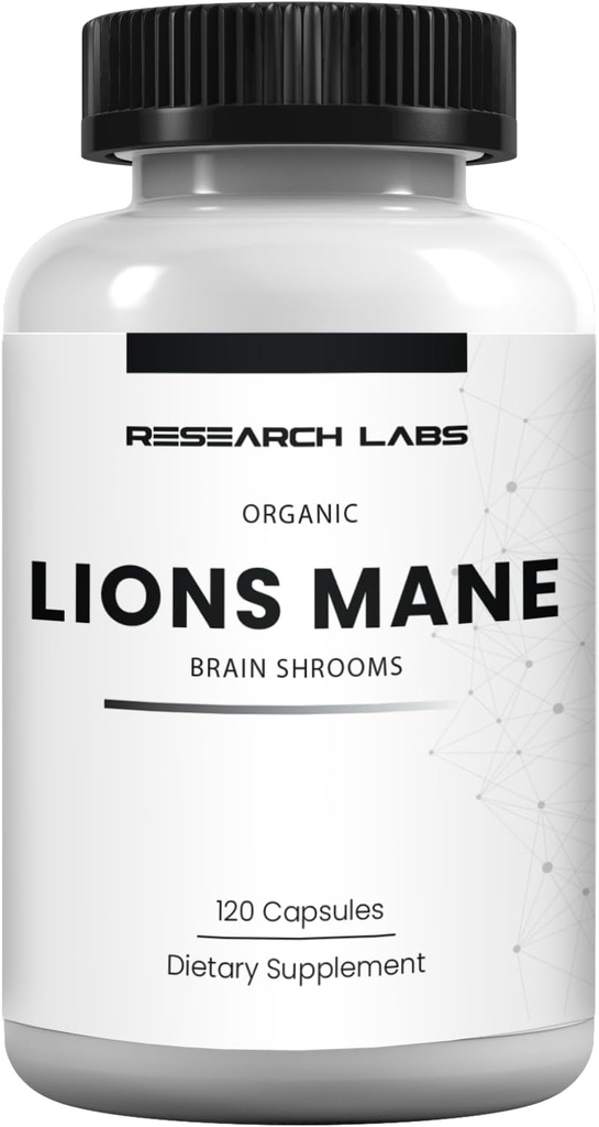 Research Labs Organic Lions Mane Supplement Capsules, 120 Capsules w/Patent Litropane™, Immune System Booster & Nootropic Brain Support Mushroom Supplement. 10X Extract comparable to 18,000mg 2