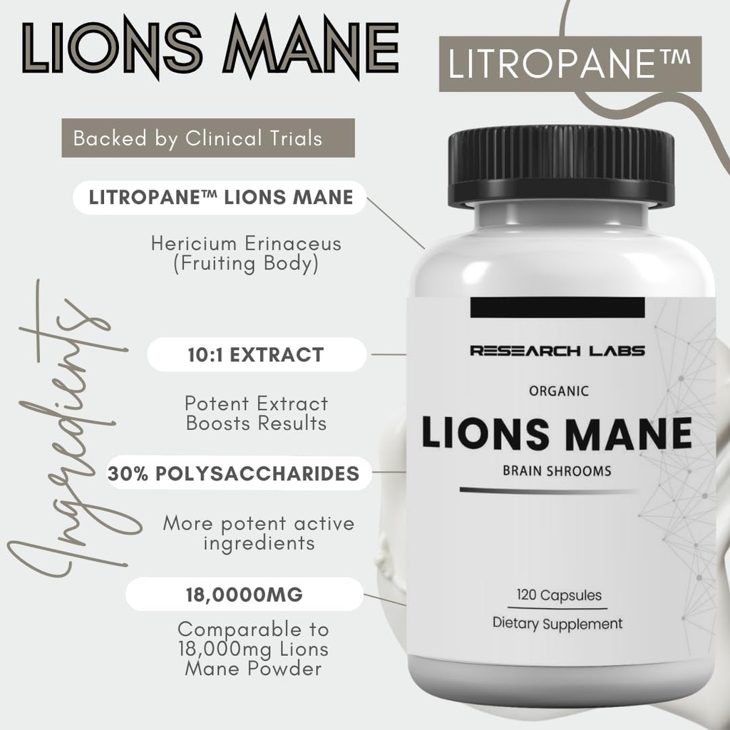 Research Labs Organic Lions Mane Supplement Capsules, 120 Capsules w/Patent Litropane™, Immune System Booster & Nootropic Brain Support Mushroom Supplement. 10X Extract comparable to 18,000mg 3