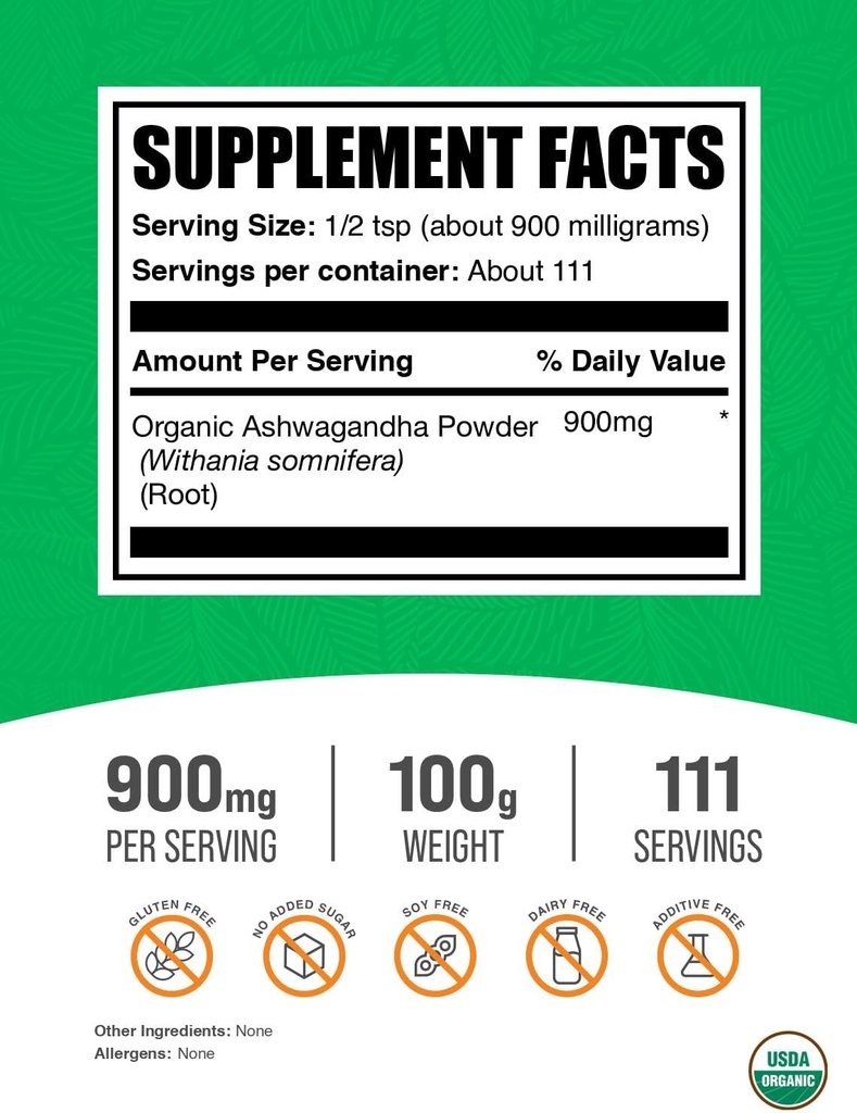 BulkSupplements.com Organic Ashwagandha Powder - Organic Ashwagandha Supplements, Sourced from Ashwagandha Root - Gluten Free, 2g per Serving, 250g (8.8 oz) (Pack of 1) 3
