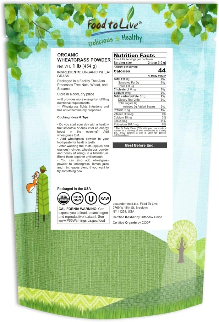 Food to Live Organic Wheatgrass Powder, 1 Pound — Non-GMO, Whole-Leaf, Raw, Non-Irradiated, Pure, Vegan Superfood, Bulk, Great for Juice, Rich in Fiber, Chlorophyll, Fatty Acids and Minerals 3